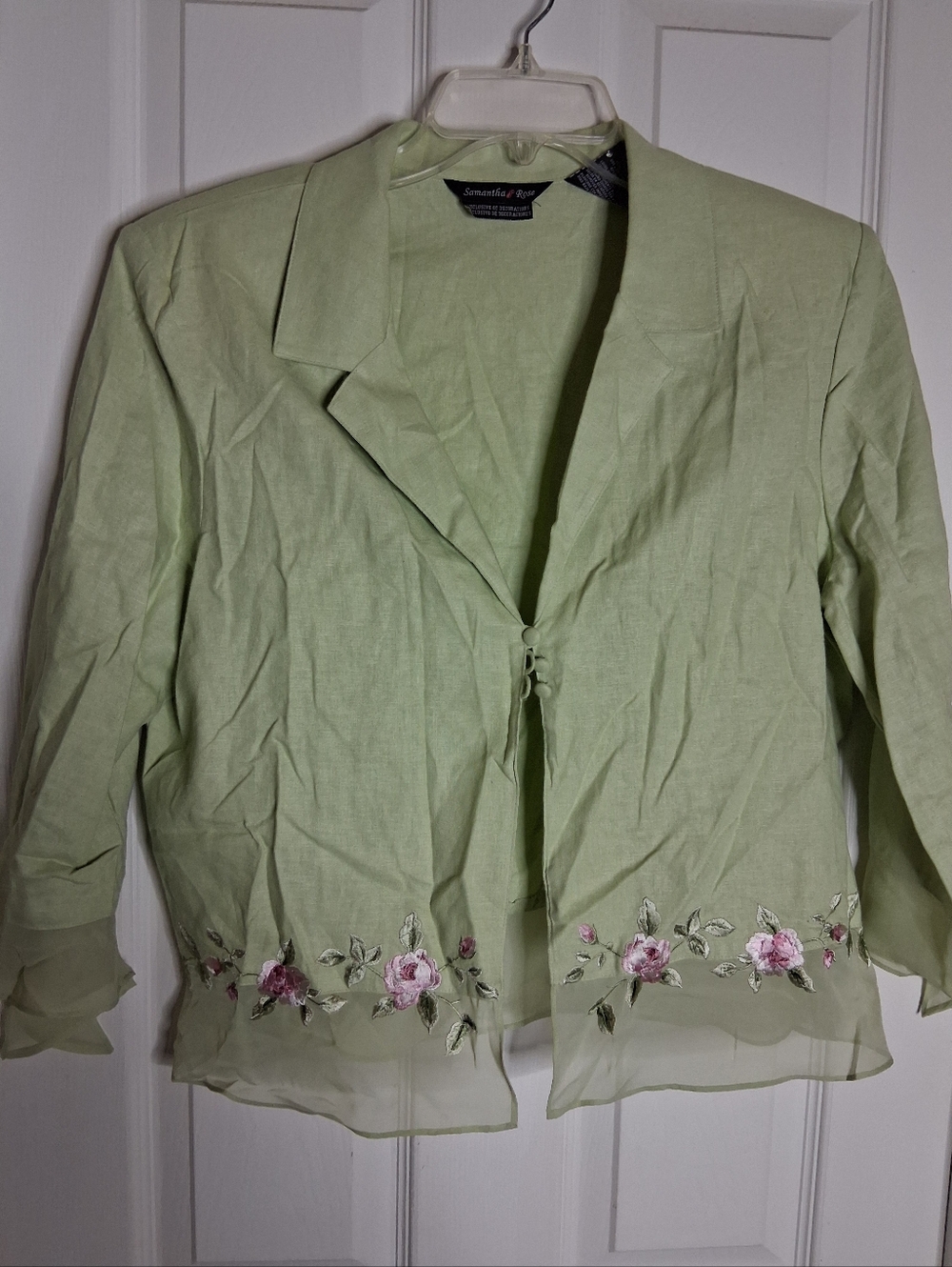 Light Green Floral Embroidered Sheer Hem Linen Blend 3 button Jacket SZ Missy 14